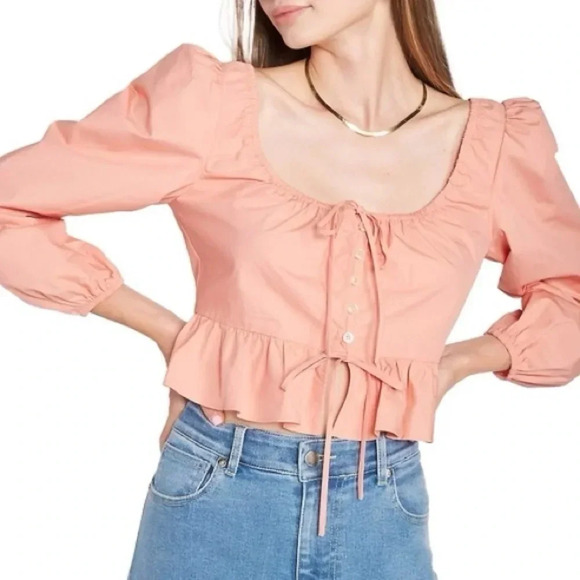 En Saison Cropped Peplum Ruffle Blouse | Coral | Small | Milkmaid, Cottagecore - Picture 5 of 11